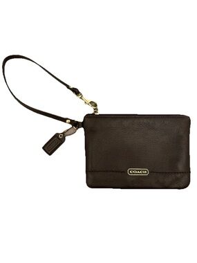 Coach Brown Leather Wristlet 6X4.5 Zip Logo Tag Gold Accents